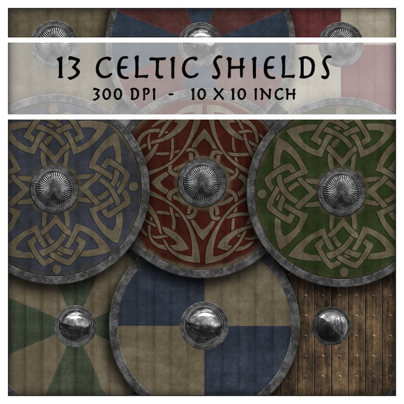 May include: Thirteen Celtic-style shields with intricate knotwork designs. The shields are in various colors, including blue, green, red, and brown. Each shield has a metal boss in the center.
