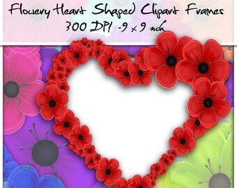 Modern Bright Coloured Flowery Heart Shaped Frames Wreaths 9 Inch PNG Transparent Clipart