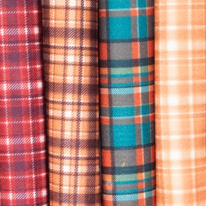 May include: Four fabric swatches with plaid patterns in red, orange, brown, and teal colors.