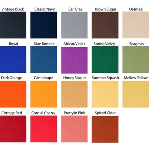 May include: A color chart with 20 different paint colors, each with a descriptive name. The colors are arranged in four rows of five colors each. The colors include Vintage Black, Classic Navy, Earl Grey, Brown Sugar, Oatmeal, Royal, Blue Bonnet, African Violet, Spring Valley, Seagrass, Dark Orange, Cantaloupe, Honey Bisquit, Summer Squash, Mellow Yellow, Cottage Red, Cordial Cherry, Pretty in Pink, and Spiced Cider.
