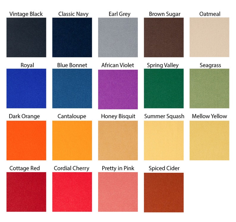 May include: A color chart with 20 different paint colors, each with a descriptive name. The colors are arranged in four rows of five colors each. The colors include Vintage Black, Classic Navy, Earl Grey, Brown Sugar, Oatmeal, Royal, Blue Bonnet, African Violet, Spring Valley, Seagrass, Dark Orange, Cantaloupe, Honey Bisquit, Summer Squash, Mellow Yellow, Cottage Red, Cordial Cherry, Pretty in Pink, and Spiced Cider.