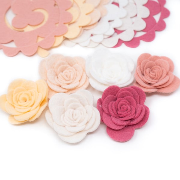 12 Large Wool Blend Felt 3D Roses Die Cut Applique Flowers - Rosey Cheeks