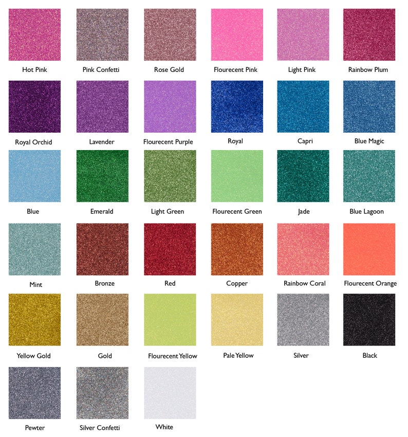May include: A colour chart showcasing 30 glitter colours, such as Hot Pink, Rose Gold, and Emerald. Each colour is presented in a square with the colour name underneath. The chart includes a variety of shades, from light pastels to deep jewel tones.