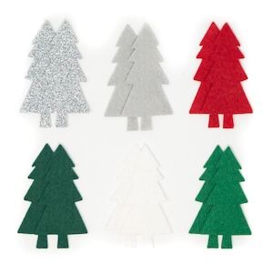 May include: Six felt Christmas tree ornaments in various colors: silver, gray, red, white, and green. The ornaments are layered to create a 3D effect.