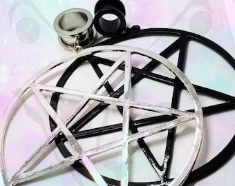 Paar grote stalen pentagram-ringen hanger hangoorplug tunnel 30 mm