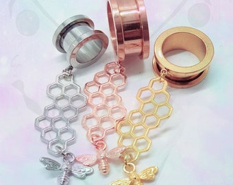 Honeycomb Bee hangoordoppen: roségouden en zilveren tunnels (30 mm)