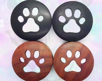 Pair of Organic Carved Wood Paw Print Big Gauge Ear Plugs up to 40mm