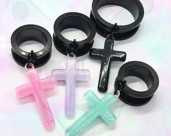 Paar pastel glitter cross goth hanger bungelen oordopje tunnel