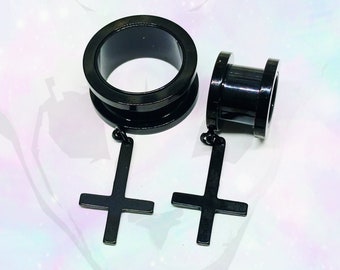 Boze kleine zwarte omgekeerde ondersteboven kruis Goth hanger bungel oordopje tunnel