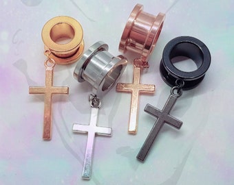 Pair of Cross Goth Pendant Dangle Ear Plug Tunnel