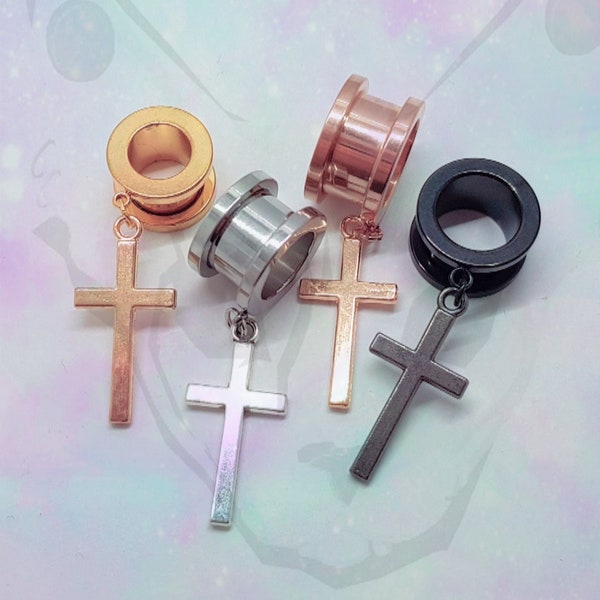 Pair of Cross Goth Pendant Dangle Ear Plug Tunnel