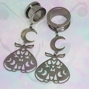 Moth and Moon Steel Ear Plugs: Wicca Goth Dangle Tunnel (up to 30mm)