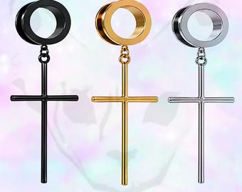 Paar statement zilver, zwart of goud Goth-kruishanger, hangoorsteker, tunnel, tunnel 30 mm