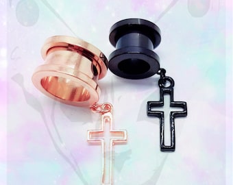 Paar Goth Cross Hanger Dangle Ear Plug Tunnel Zwart Rose Goud Klein