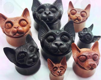 Gesneden zwart hout Sphynx kattenoordoppen (paar)