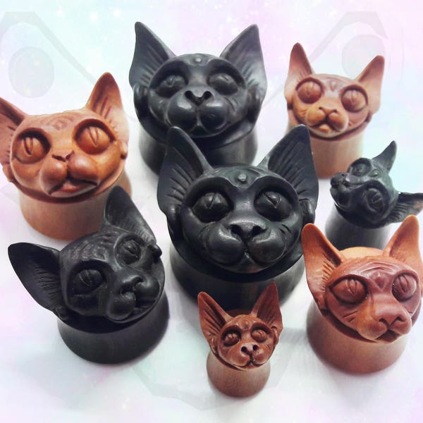 Pair of Organic Carved Areng Black Wood Sphynx Cat Big Gauge Ear Plugs up to 30mm