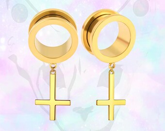 Boze kleine gouden omgekeerde ondersteboven kruis Goth hanger bungel oordopje tunnel