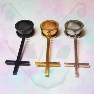 Inverted Cross Dangle Ear Plugs: Goth Surgical Steel Tunnels