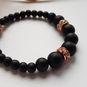Beaded black bracelet, Black Crystal, Stretchy bracelet, Shungite bracelet with Micro pave beads and Rose gold details