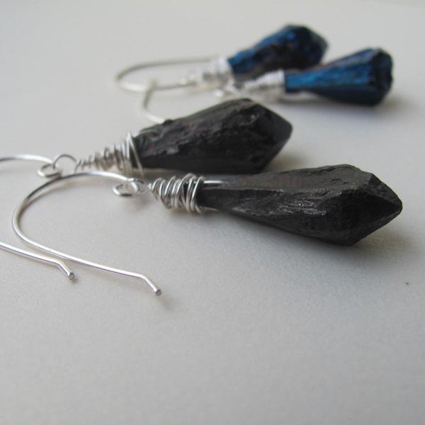 Handmade Sterling silver earrings Raw stone earrings Titanium Aura Quartz earrings Blue and Black Titanium Quartz earrings Bohemian style