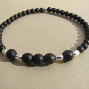 Matte Shungite bracelet, Stone bracelet, Stack bracelet, Black gemstone bracelet, Faceted Shungite beads, Sterling silver oval beads