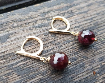 Stone earrings, Gold earrings, Garnet earrings, Simple earrings, Dangly earrings, AAA Natural Red Garnet, Earrings for gift
