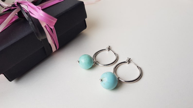 Genuine Turquoise Earrings Brass platinum plated earrings Dainty hoops Stone earrings Dangle hoop earrings Minimalist earrings image 1