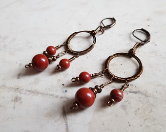 Gemstone earrings, Dangle earring, Boho earrings, Beaded earrings, Wire wrapped earrings with red Jasper beads