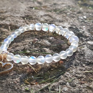 Beaded Bracelet, Matte Aura Quarts, Gemstone bracelet, Beaded stretch bracelet, Charm bracelet, Gold bracelet