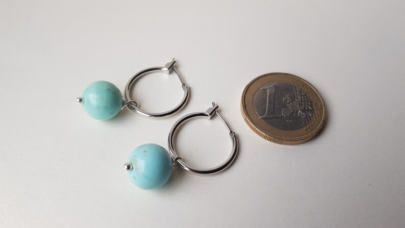 Genuine Turquoise Earrings Brass platinum plated earrings Dainty hoops Stone earrings Dangle hoop earrings Minimalist earrings image 3