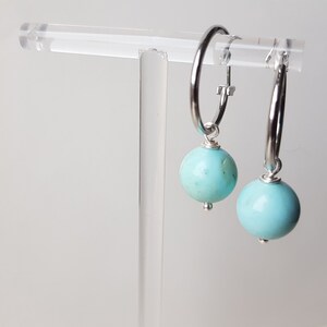 Genuine Turquoise Earrings Brass platinum plated earrings Dainty hoops Stone earrings Dangle hoop earrings Minimalist earrings image 7