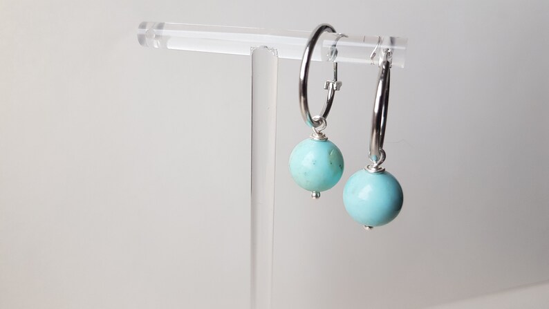 Genuine Turquoise Earrings Brass platinum plated earrings Dainty hoops Stone earrings Dangle hoop earrings Minimalist earrings image 7