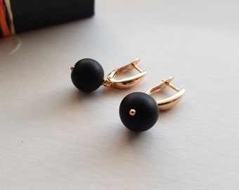 Gold earrings Gold hoops with stone Simple dainty hoop Shungite earrings Dangly earrings 24K Gold plated earrings Shungite bead 10mm