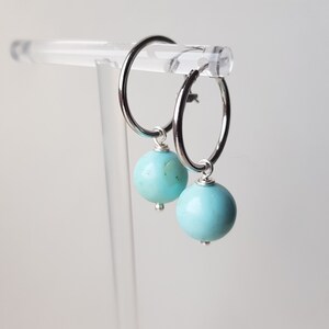 Genuine Turquoise Earrings Brass platinum plated earrings Dainty hoops Stone earrings Dangle hoop earrings Minimalist earrings image 4