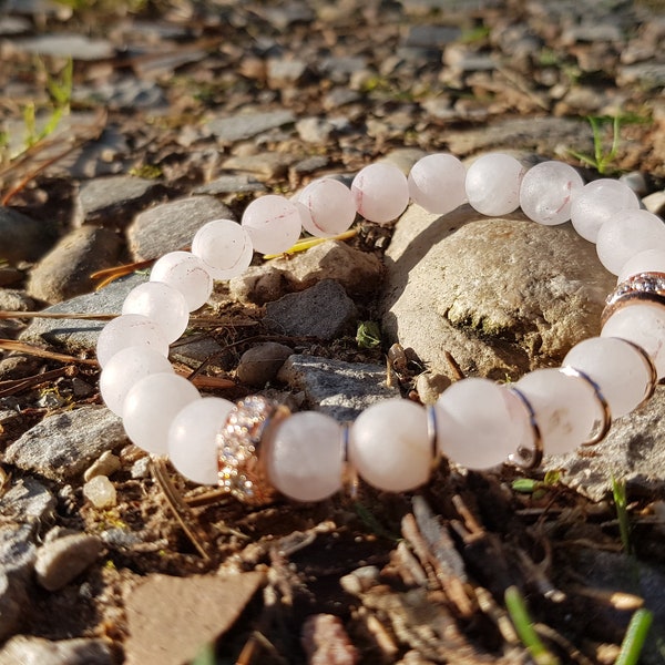 Rose Quartz beads, Love gemstones, Beaded bracelet, Gemstone bracelet, Pink gemstones, Gift bracelet, 24KRose gold details