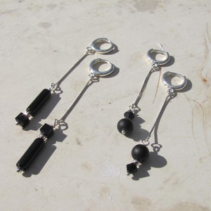 Dangle silver earrings Silver huggies Chain earrings Shungite beads Agate tubs and Swarovski crystals Minimalist dangling earrings