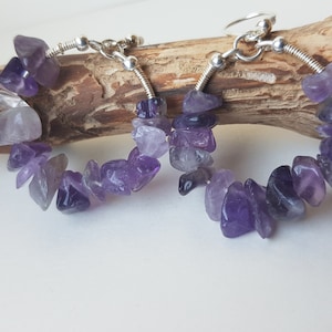 Amethyst hoop earrings Silver hoops Raw stone earrings Handmade gemstone earrings Sterling silver Purple gemstone Boho jewelry