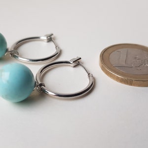 Genuine Turquoise Earrings Brass platinum plated earrings Dainty hoops Stone earrings Dangle hoop earrings Minimalist earrings image 2