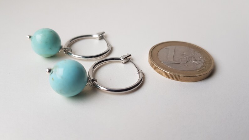 Genuine Turquoise Earrings Brass platinum plated earrings Dainty hoops Stone earrings Dangle hoop earrings Minimalist earrings image 2