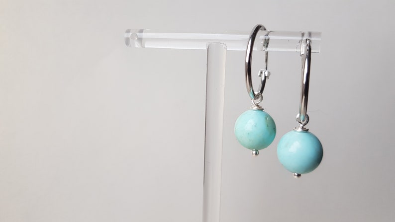 Genuine Turquoise Earrings Brass platinum plated earrings Dainty hoops Stone earrings Dangle hoop earrings Minimalist earrings image 6