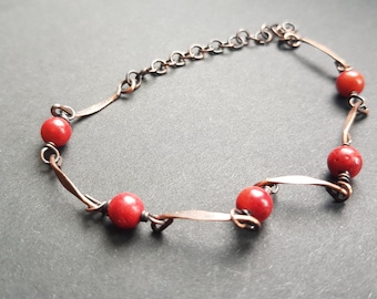 Bracciale in rame, bracciale Dainty, bracciale a maglie, bracciale in pietre preziose, bracciale in corallo, ossida il rame, bracciale regolabile
