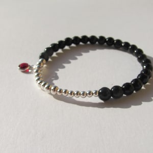 Natural Stone beaded bracelet, Onyx bracelet, Elastic beaded gemstone bracelet, Charm bracelet, Sterling silver beads, Stack bracelet