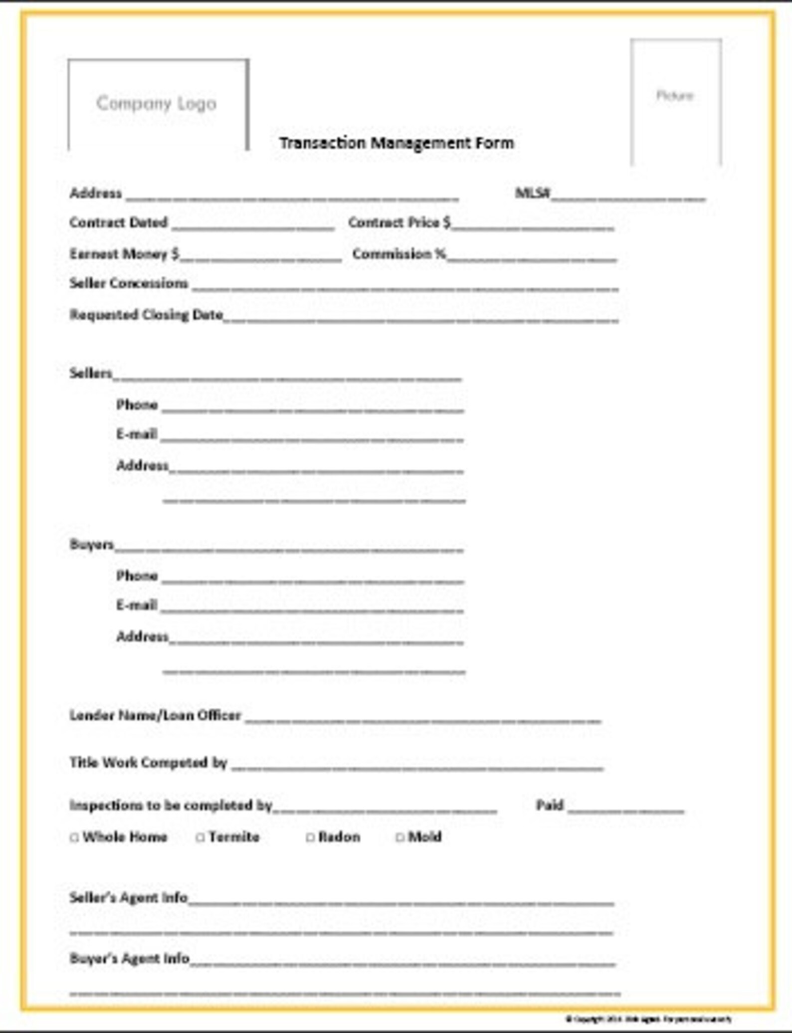 Real Estate Transaction Form Gold Real Estate Forms Real Etsy