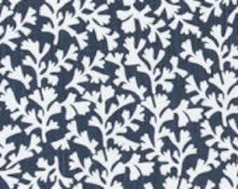 Navy Blue Sea Plant Print Fabric: Coastal Slub Cotton Drapery Upholstery