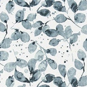 Leaf Print in Shades of Blue on White Slub Cotton Fabric by the Yard Gray and White Drapery, Curtain, Upholstery, or Home Decor Fabric M676