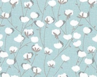 Farmhouse Blue and White Cotton Bolls Fabric by the Yard Designer Cotton Drapery, Curtain Fabric, Craft or Upholstery Fabric Spa Blue M333