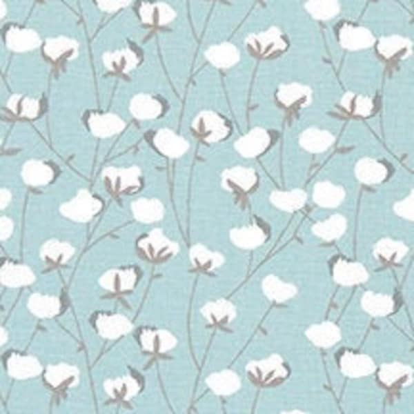 Farmhouse Blue and White Cotton Bolls Fabric by the Yard Designer Cotton Drapery, Curtain Fabric, Craft or Upholstery Fabric Spa Blue M333