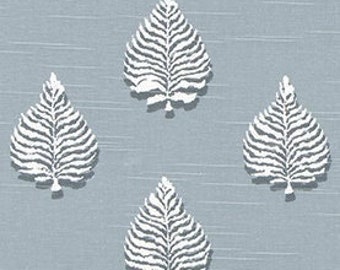 Leaf Print in White on Muted Blue Slub Cotton Fabric by the Yard Drapery, Curtain, Upholstery, Craft or Home Decor Fabric M839