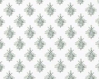 Shades of Spruce Green on White Abstract Botanical Print Fabric by the Yard Slub Cotton Drapery, Upholstery, Craft & Home Decor Fabric M759