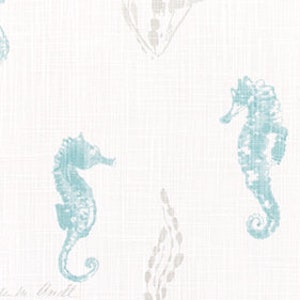 Soft Blue on Pale Gray Sea Horse Print Designer Fabric by the Yard Slub Cotton Drapery, Curtain, Upholstery, Home Decor, Craft Fabric M536